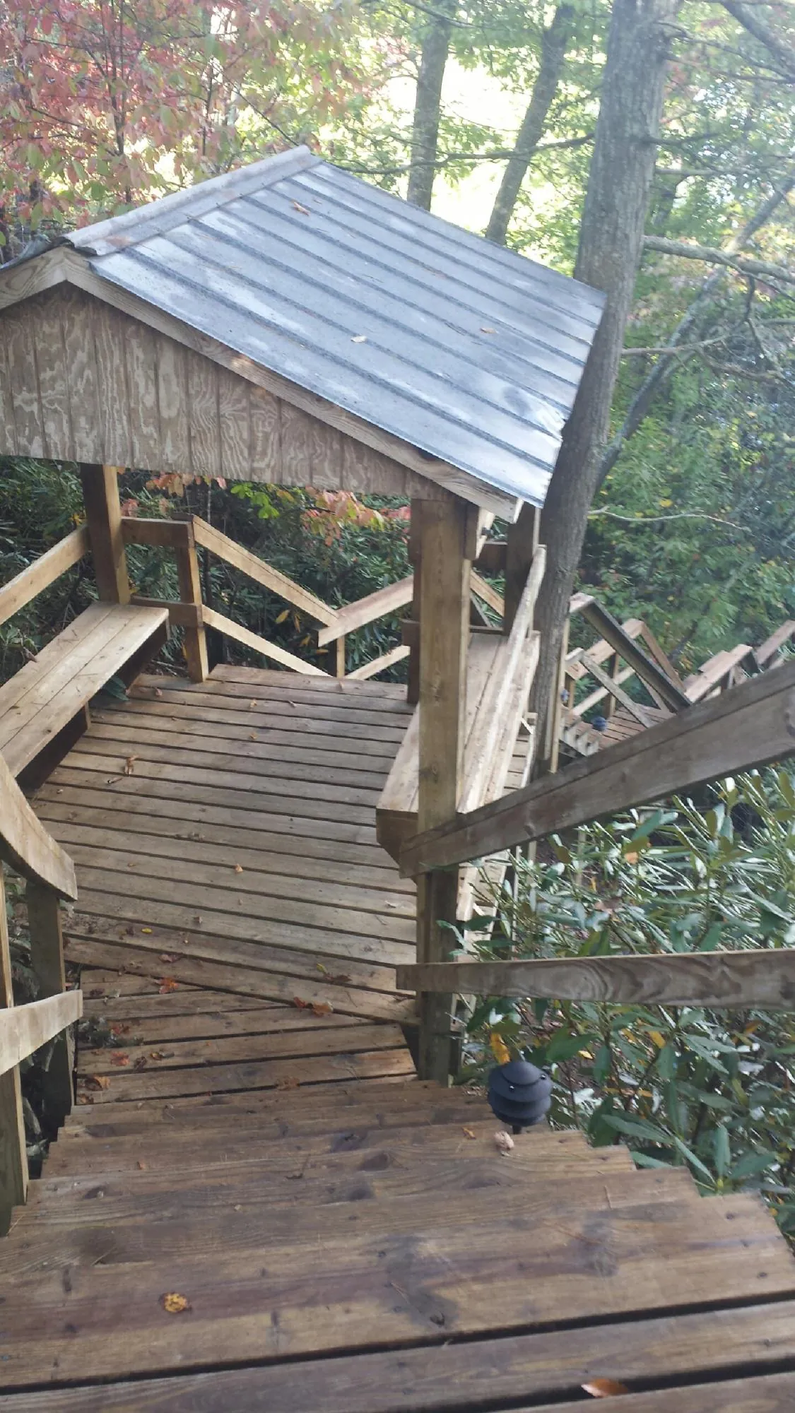 Metal roofed shelter over wooden steps on a wooded walkway — Skylight Repair & Installation work by our crew in New Springfield